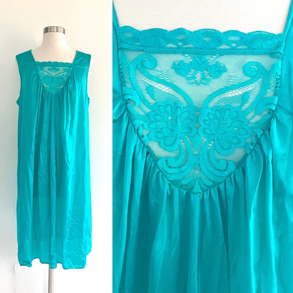 Vintage 80’s teal blue lace slip dress nightie lingerie